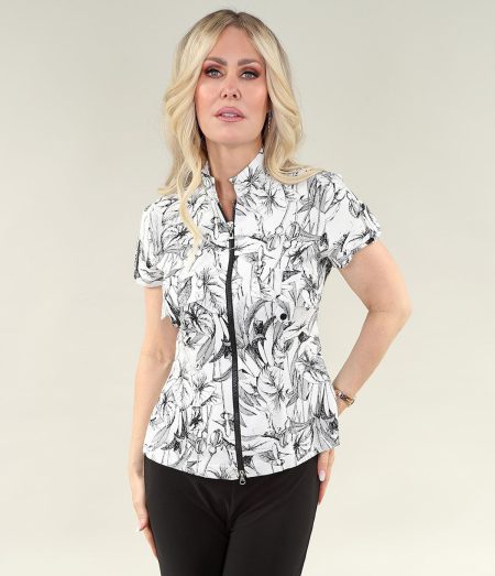 Chemise à manches courtes en lin botanique avec glissière, col Mao et fausse poche