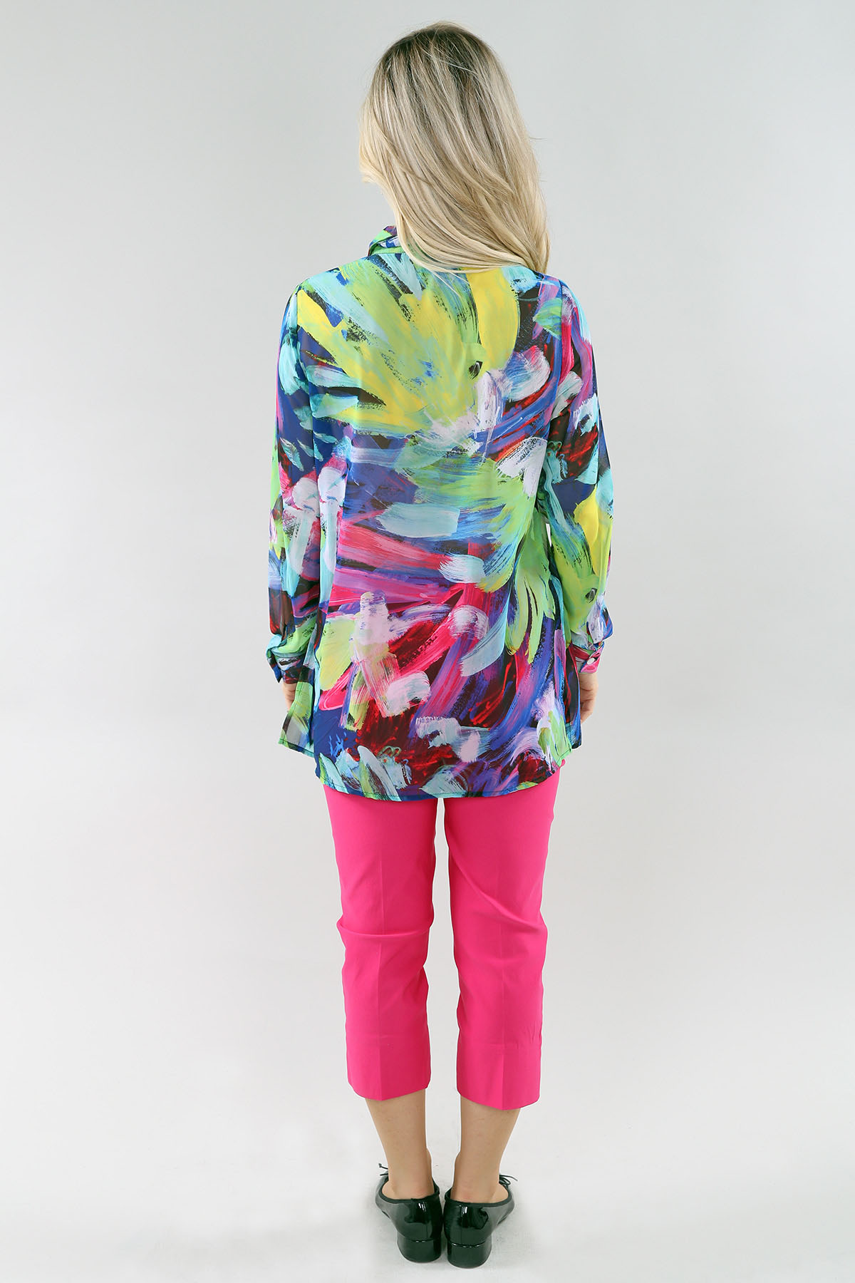 Chemise à manches longues - Mousseline imprimée bleu, jaune et vert - Image 3