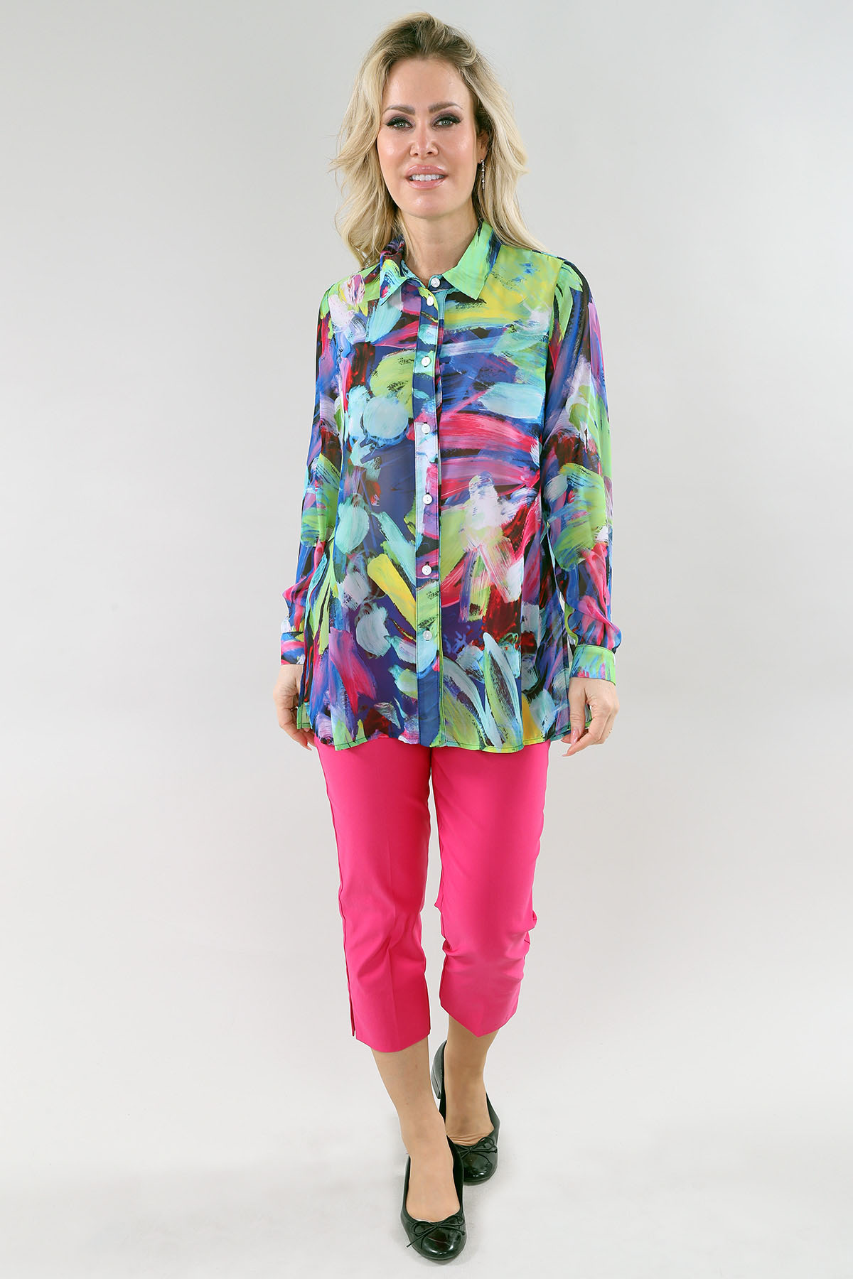 Chemise à manches longues - Mousseline imprimée bleu, jaune et vert - Image 2