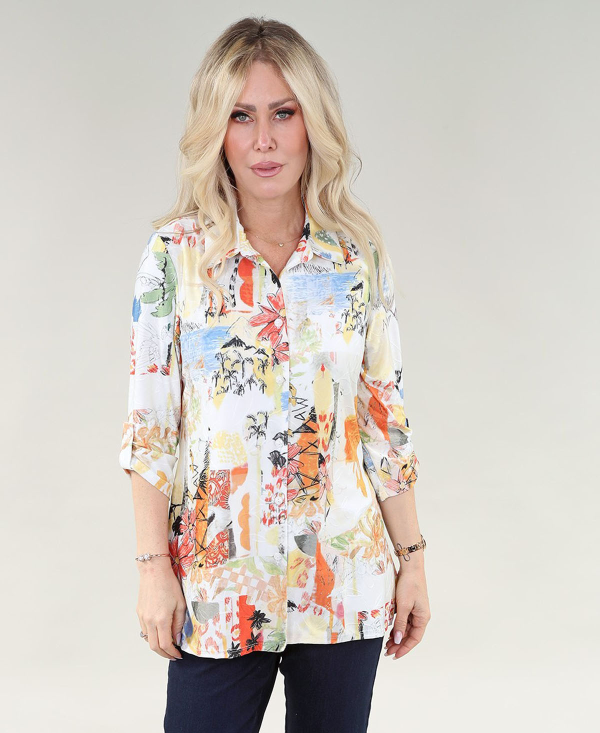 Chemise à manches 3/4 style croquis tropical