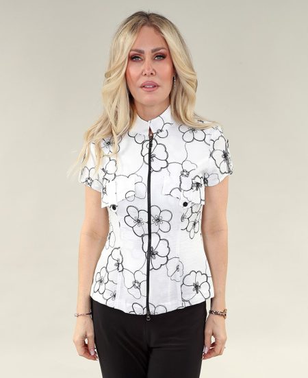Chemise à manches courtes en lin avec glissière, col Mao et fausse poche