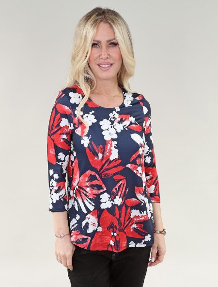 Haut à manches courtes - Imprimé tricot ITY bleu, jaune et vert