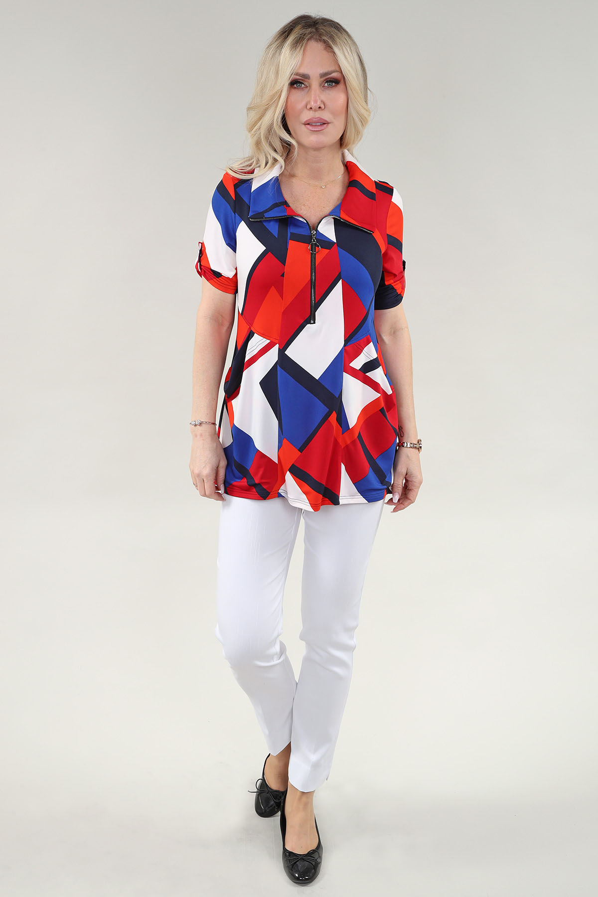 Tunique à manches courtes imprimé géométrique avec glissière - Image 2
