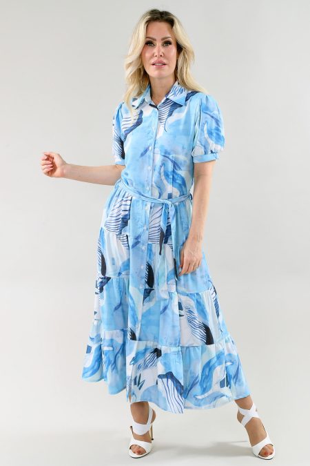 Robe maxi à volants en mousseline torsadée imprimée à manches courtes bouffantes