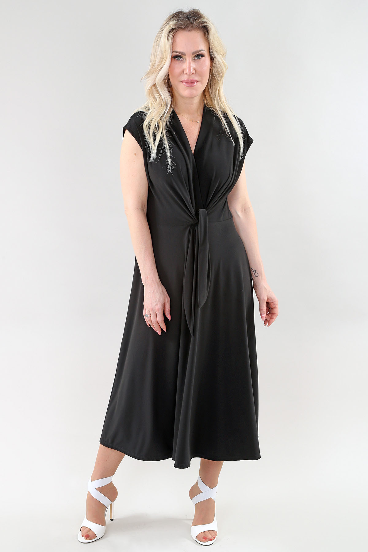 Robe maxi à mancherons encolure en V avec nœud non doublée