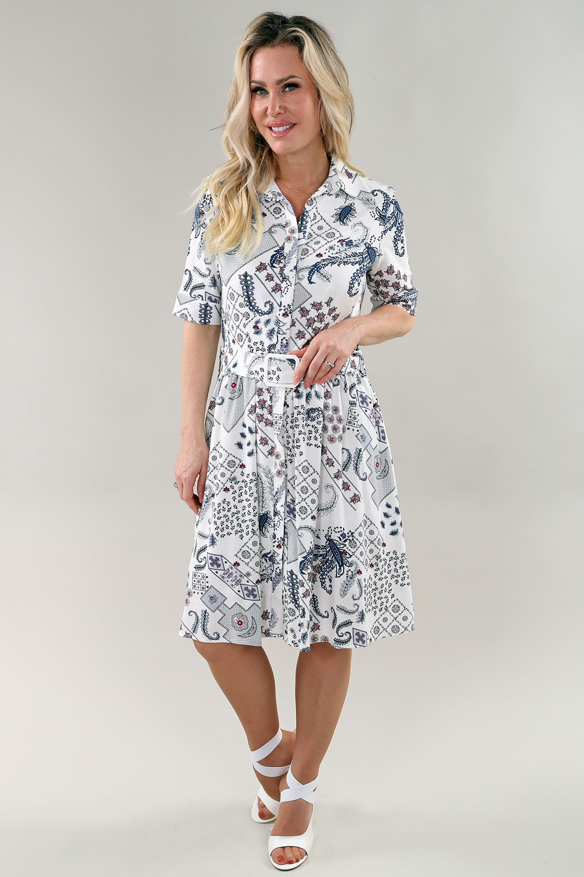 Robe chemisier à manches au coude avec ceinture et poches