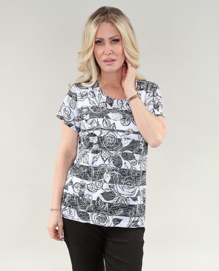 T-shirt à manches courtes imprimé rose en tricot dévoré avec encolure ronde