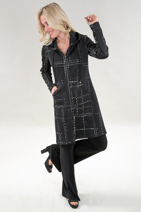 Long Sleeve Black Plaid Hooded Coat Zip Up with Pockets in A/S Black Coat Black Sweater Knit