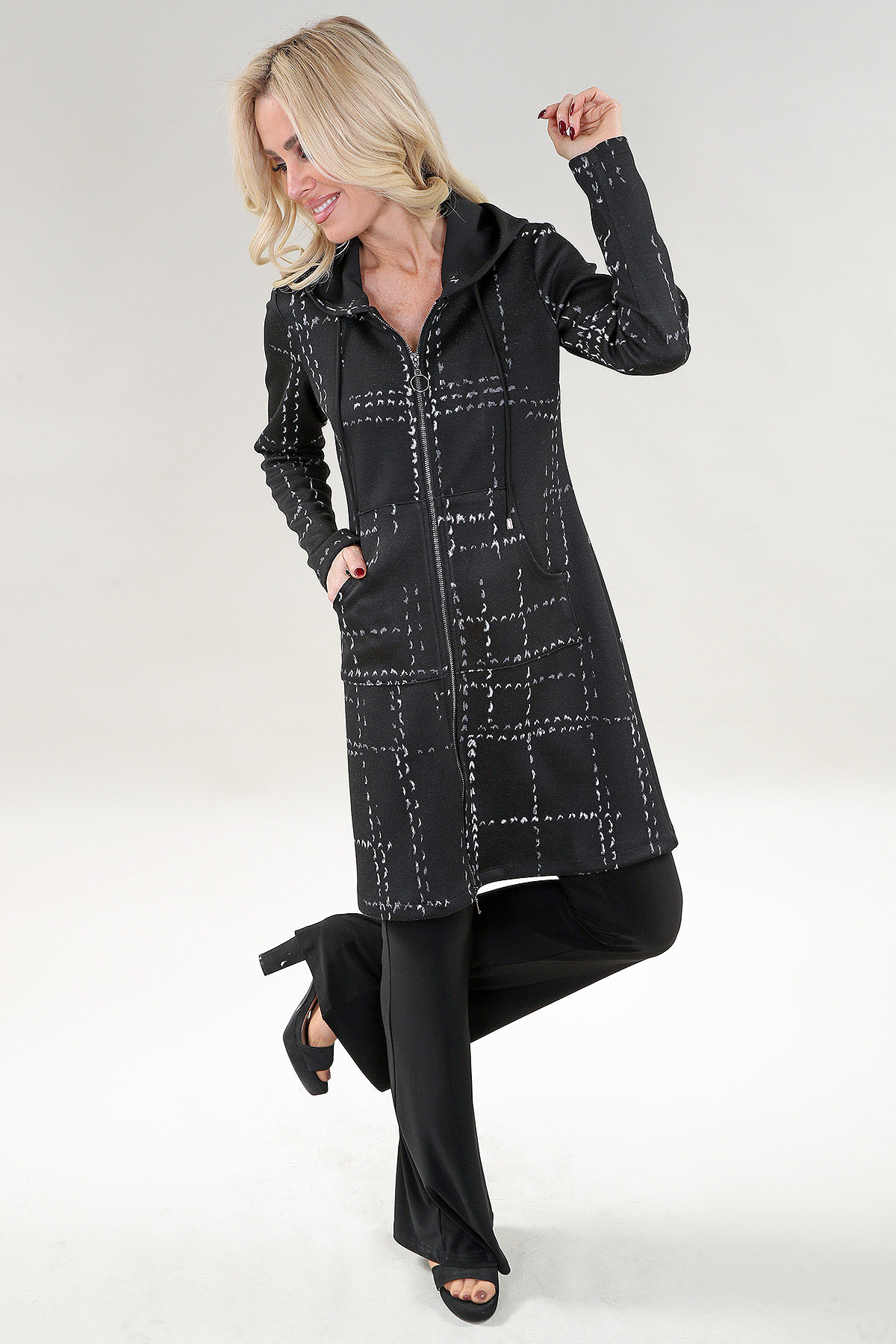 Manteau à manches longues Noir à carreaux à capuche zip avec poches – Noir Maille Tricot, Noir