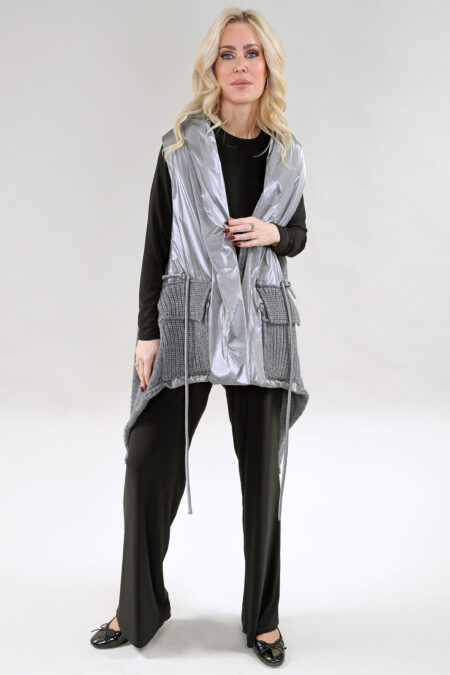 Veste sans manches froncé poches avant – Combo Tissé Matelassé et Maille Gris, Gris