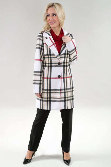 Long Sleeve Coat, Buttons and Side Pockets in A/S Ivory plaid Coat "Woolen" Jacquard