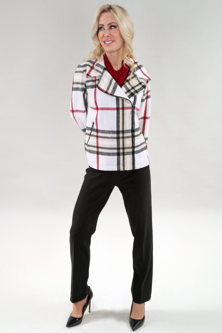 Long Sleeve Short Coat with a Spread Collar and Zipper Front Closure in A/S Ivory plaid Coat "Woolen" Jacquard