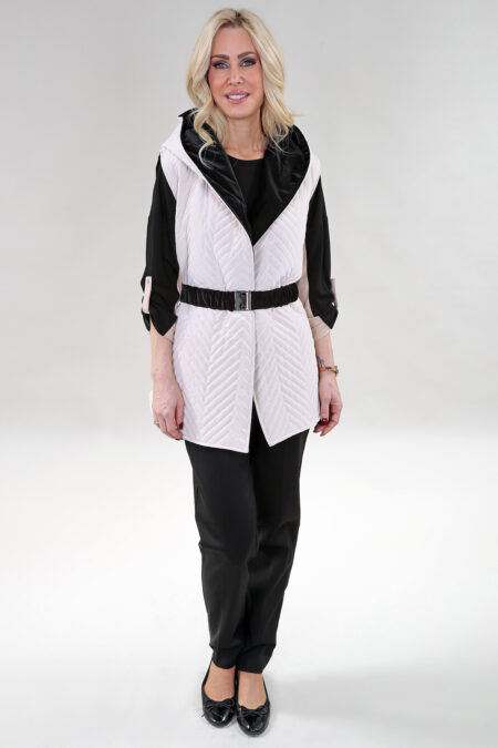 Veste sans manches à capuche doudoune avec Noir élastique ceinture réversible – Polyester Pêche Peau, Beige