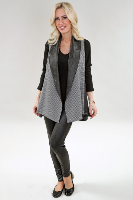 Sleeveless Vest with a Black Faux Leather Lapel in A/S Black white Jacket Bengaline