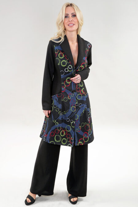 Long Coat with Two Button Closure Pockets in A/S Black circle mulit print Coat Combo Black & Print Sweater Knit