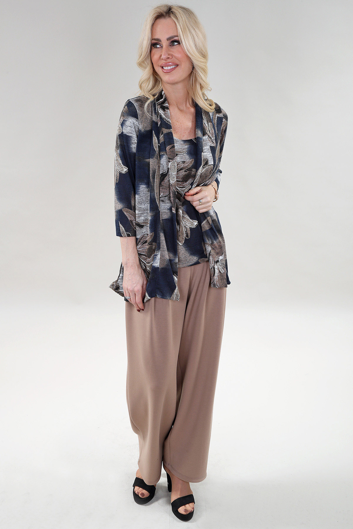 3/4 Sleeve Cardigan in A/S Navy Taupe print Cardigan Print Sweater Knit