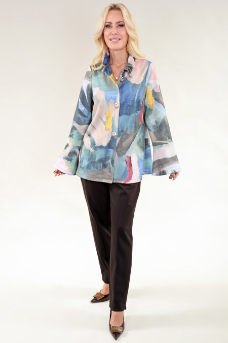 Long Sleeve Jacket, Wired Collar in A/S Teal green denim print Jacket Printed Sweater Knit