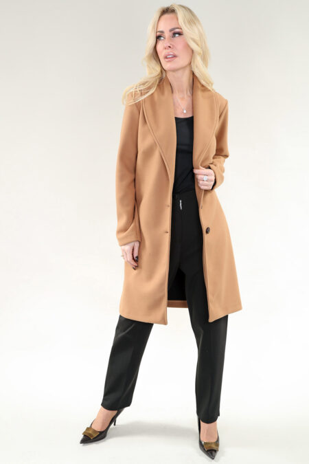 Manteau à manches longues col grand boutons avec poches – Laine Mélangé, Caramel, Noir, Gris, Ivoire ou Rouge