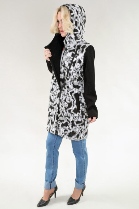 Long Sleeve Hooded Coat Side Zipper with Pockets in A/S Black ivory Coat Knit Blend