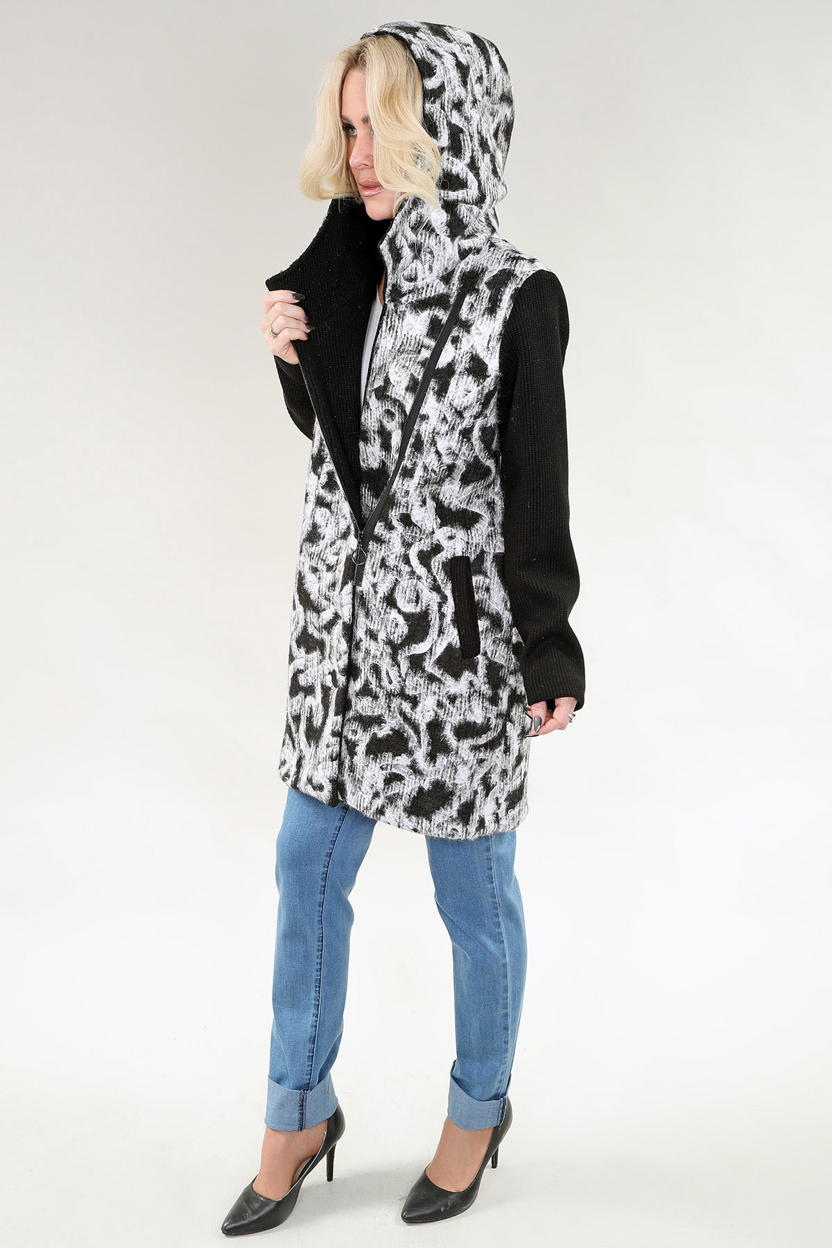 Manteau à manches longues à capuche zip latéral avec poches – Tricot Mélangé, Noir Ivoire