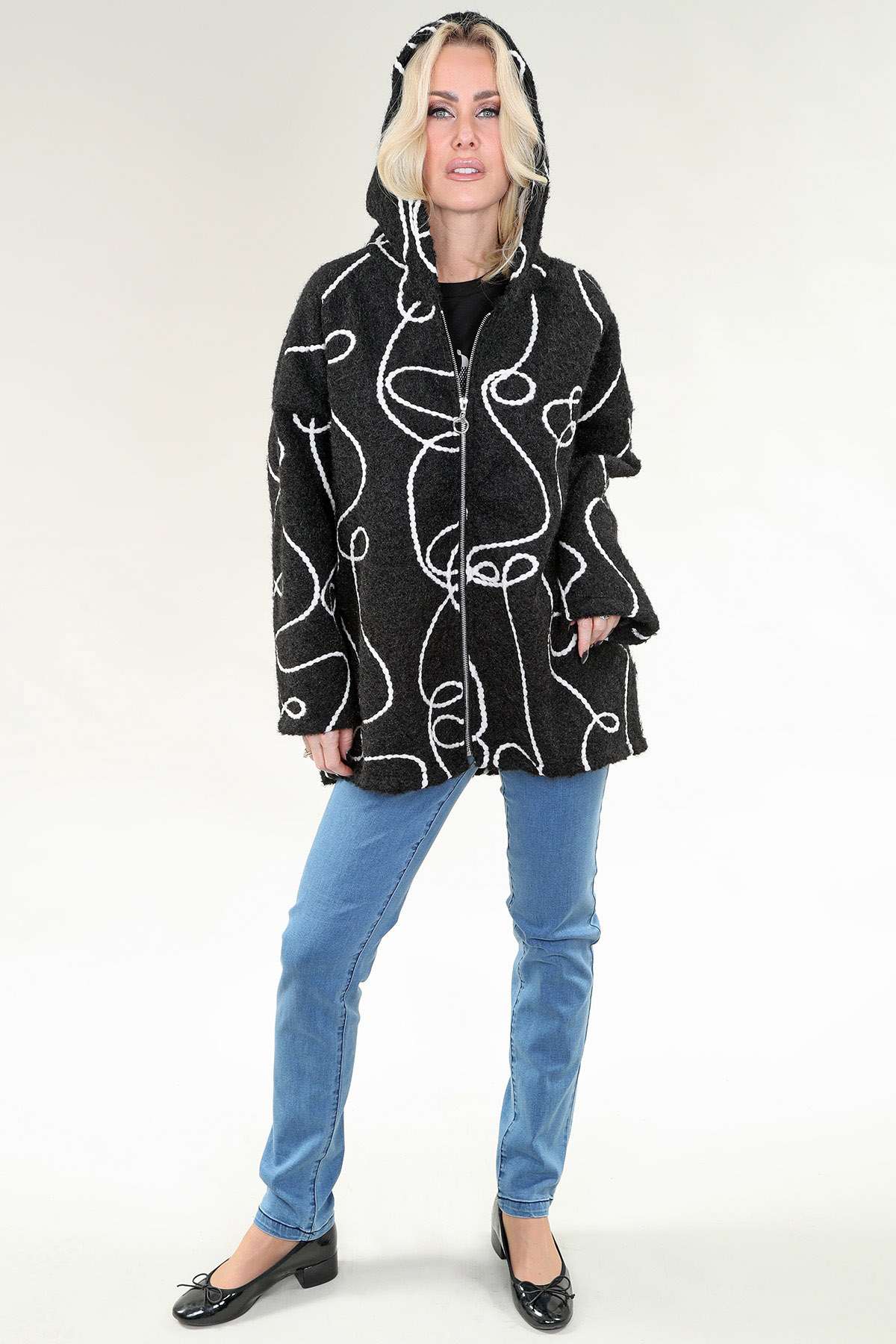Long Sleeve Hooded Coat Zipper in A/S Black white abstract Coat Boil Wool