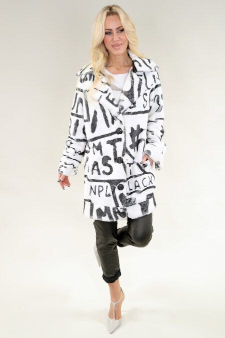 Long Sleeve Coat Buttons Lettering in A/S Ivory black Coat Faux Fur
