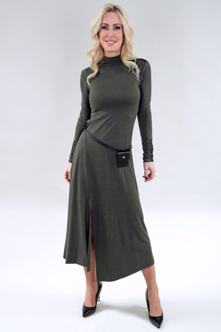 Midi Dress with a High Mock Neck & Black Belt Side Slit in A/S Khaki or Black or Burgundy Dress Bamboo Knit