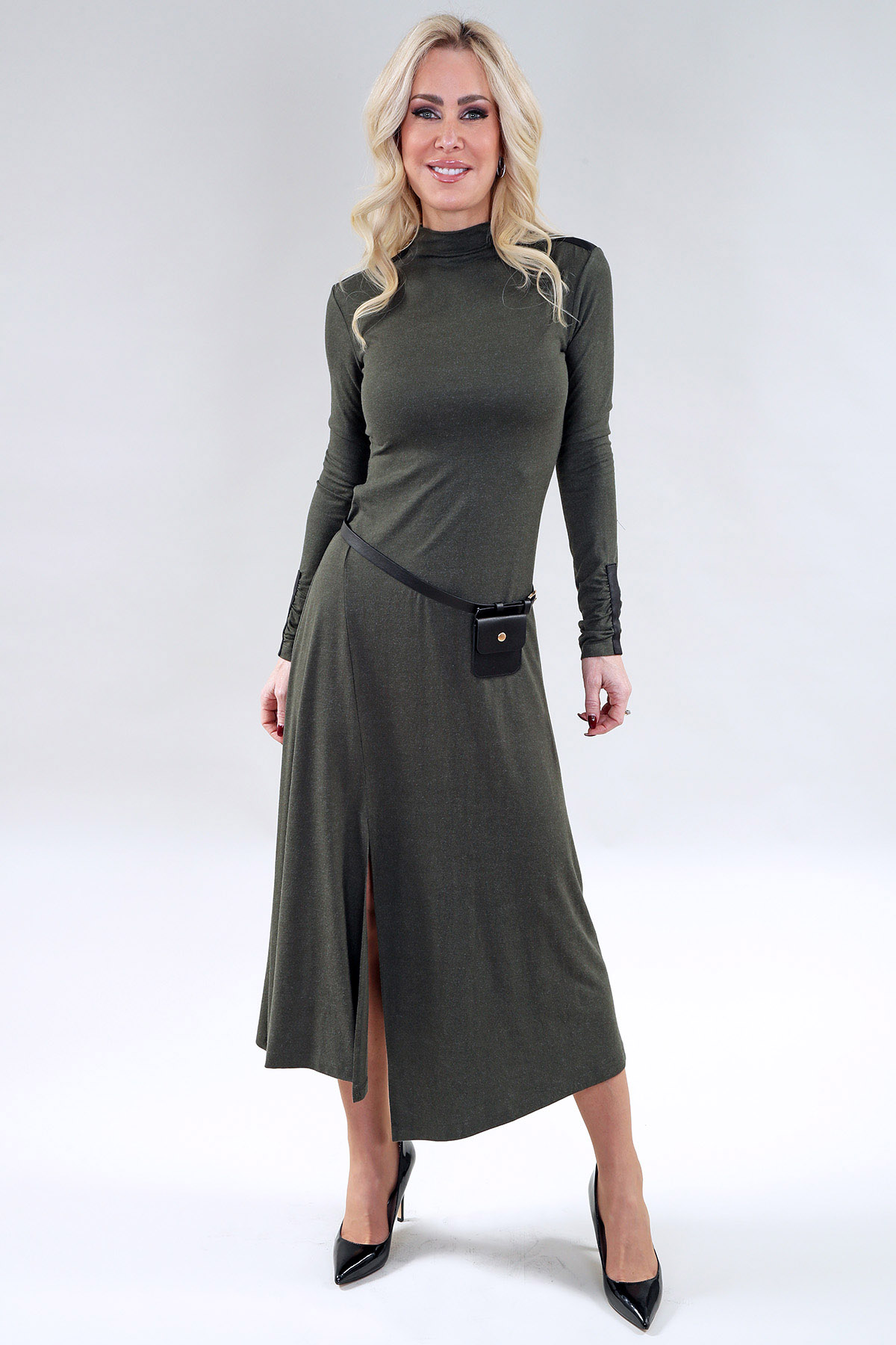 Robe, midi avec haut col montant & Noir ceinture fente latérale – Bambou Tricot, Kaki, Noir ou Bourgogne