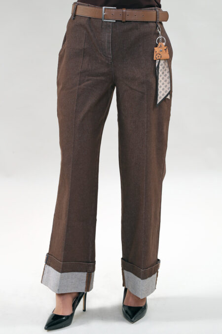 Pantalon, jambe large, poignets, poches – Denim, Brun