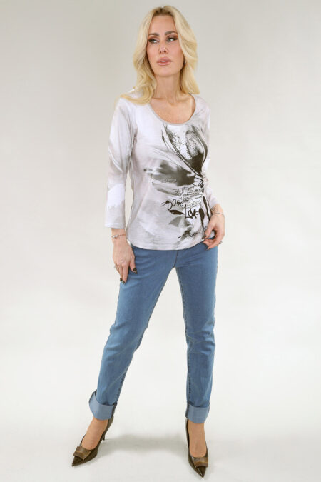 3/4 Sleeve Top Abstract Black and Ivory Print and Text Details in A/S Ivory text details Top Premium Fabric