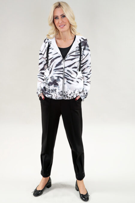Long Sleeve Hooded Jacket Zipper in A/S Ivory black animal prt Jacket Premium Fabric