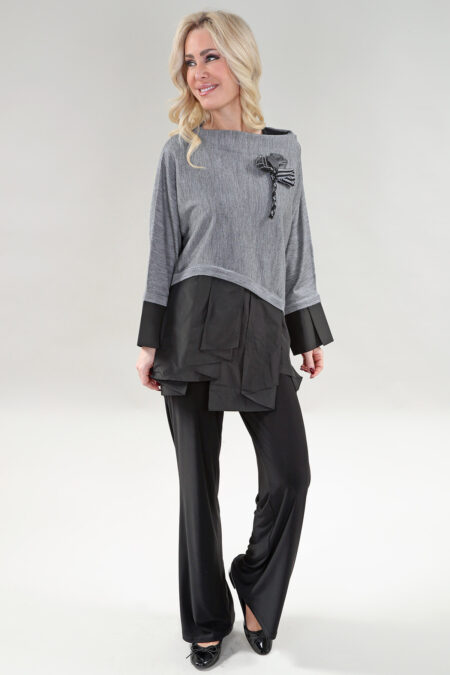 Long Sleeve Asymmetric Hem Top, High Neck in A/S Grey Top Acrylic Blend