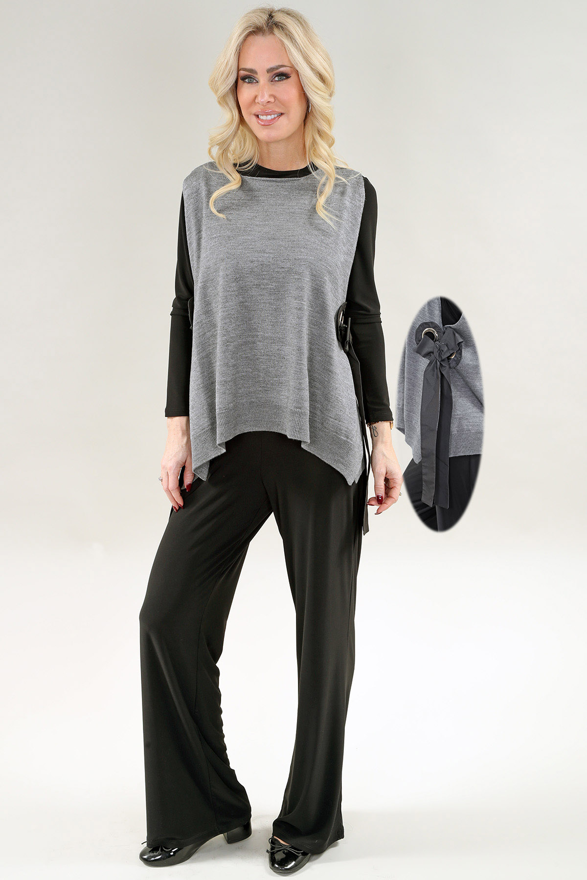 Sweater Vest Side Grommets and Black Ribbon Ties in A/S Grey Top Acrylic Blend
