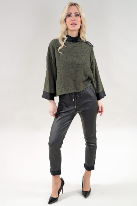 3/4 Sleeve Top Black Mock Neck and Shoulder Details. in A/S Khaki Top Linen Blend