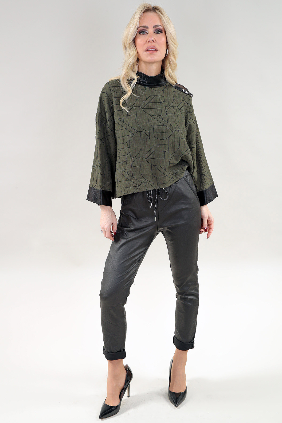 3/4 Sleeve Top Black Mock Neck and Shoulder Details. in A/S Khaki Top Linen Blend