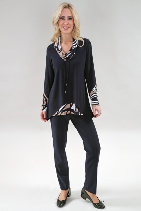 Long Sleeve Top Asymmetric Cowl Neck, Split Back in A/S Navy Sand Top Printed & Solid ITY