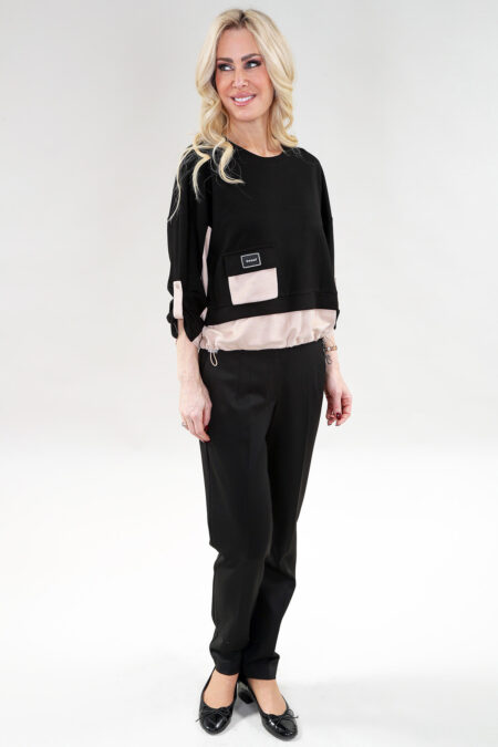 Long Sleeve Sweatshirt with a Small Pocket, Elastic Hem in A/S Black beige Top Synthetic Fabric