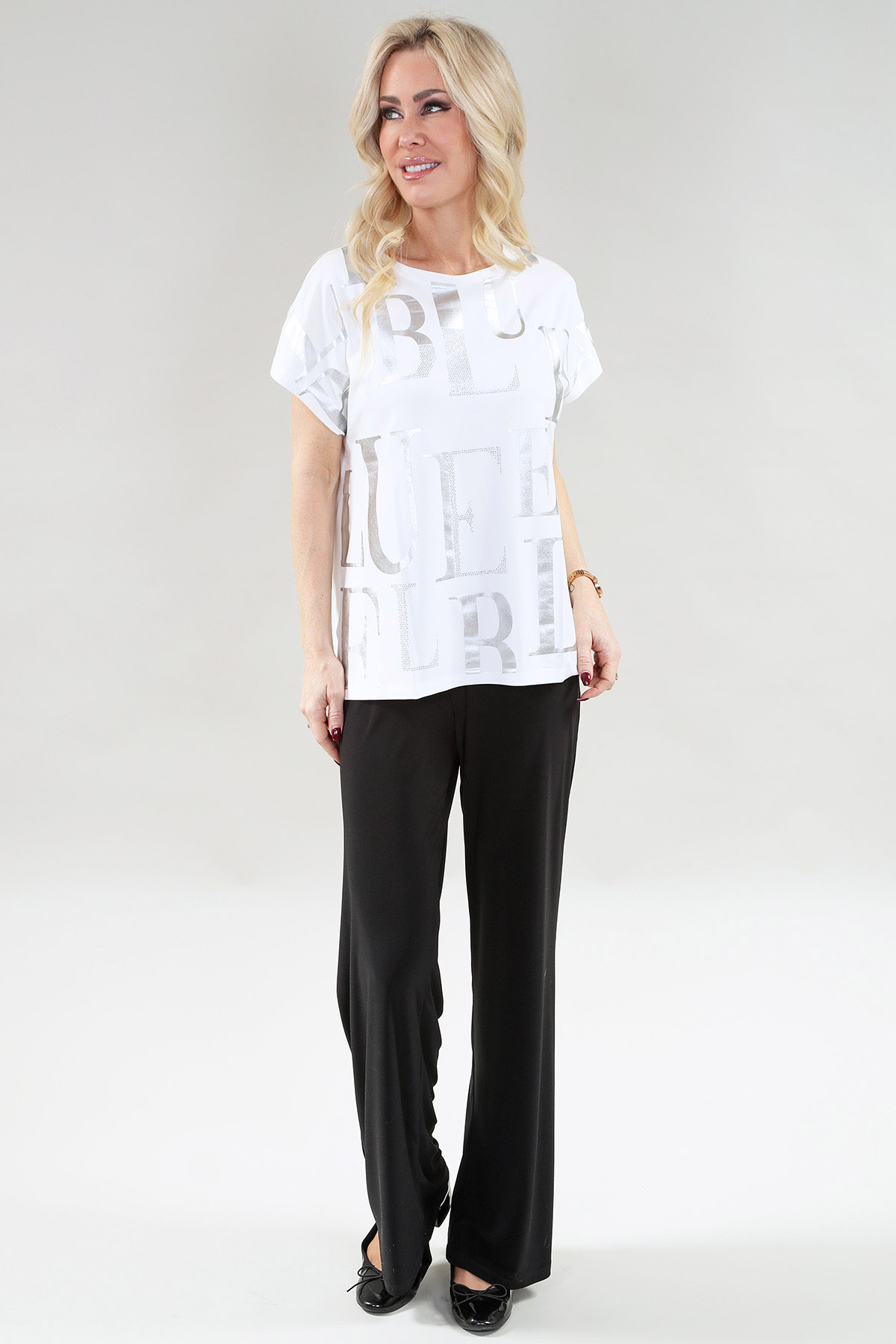 Short Sleeve Tee Metallic Silver and Glitter Text Graphics in Black or Ivory Top Bamboo Jersey - Image 2