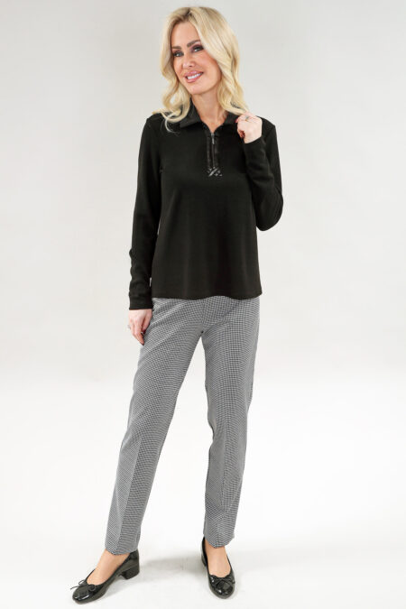 Haut à manches longues polo pull extensible avec similicuir col et zippé – Maille Tricot, Noir
