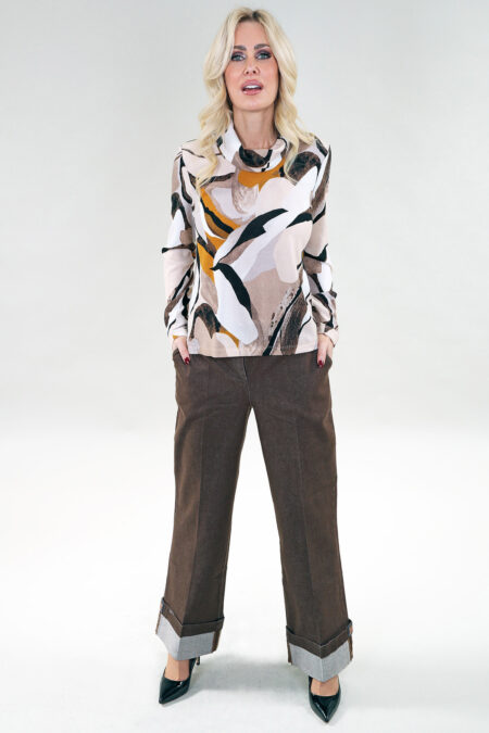 Long Sleeve Top Cowl Neck in A/S Beige Amber Top Sweater Knit Print