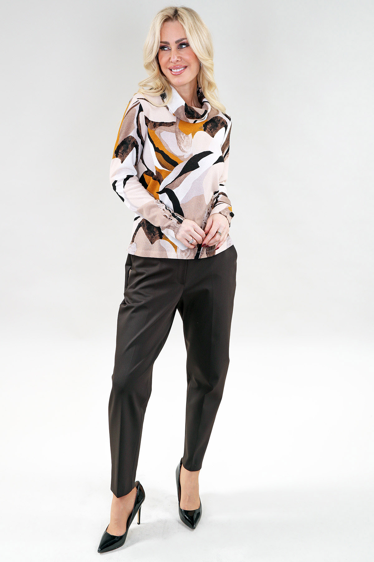 Long Sleeve Top Cowl Neck in A/S Beige Amber Top Sweater Knit Print - Image 2