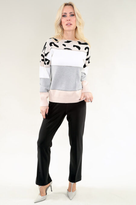 Long Sleeve Sweater Crew Neck Leopard Print Color Block in A/S Leopard Ivory Top Sweater Knit
