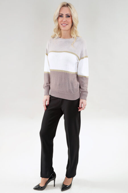 Haut à manches longues rayé col rond avec métallisé Or Ton – Maille Tricot, Beige Ivoire