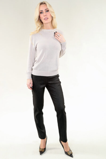 Long Sleeve Sweater Crewneck with Faux Pearl Around the Neckline in A/S Beige Top Sweater Knit