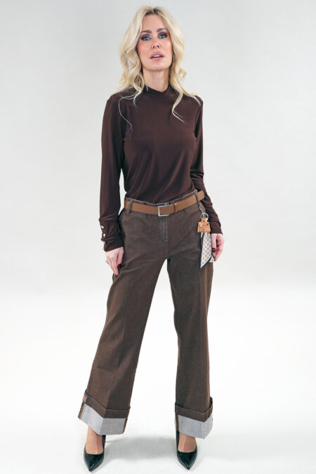 Haut à manches longues col roulé, zip dos, boutons sur la manche – ITY, Brun, Noir, Marine, Ivoire, Bourgogne, Expresso, Rouge ou Taupe