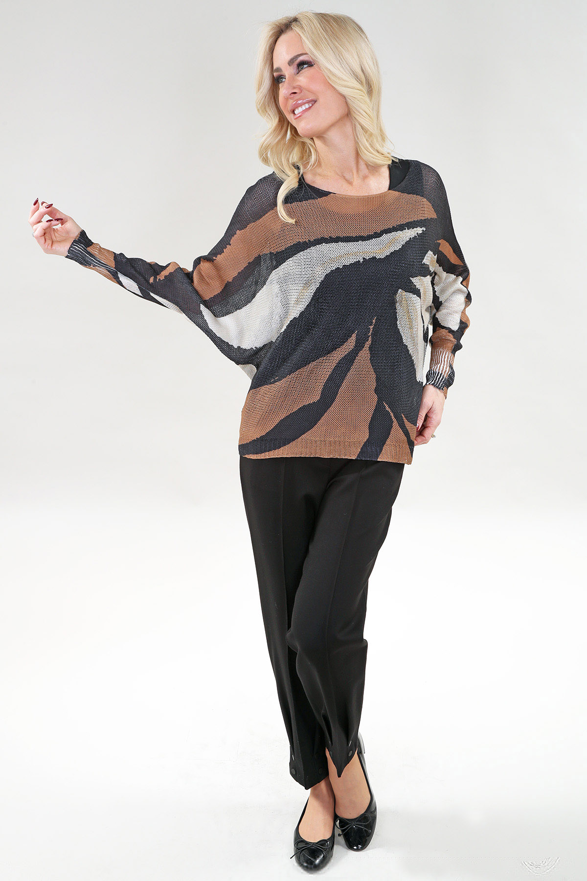 Haut à manches longues – Chenille Maille, Marine Camel