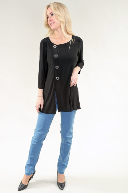 3/4 Sleeve Top Eyelet on Front in A/S Black or Ivory or Burgundy or Brown Top Black ITY