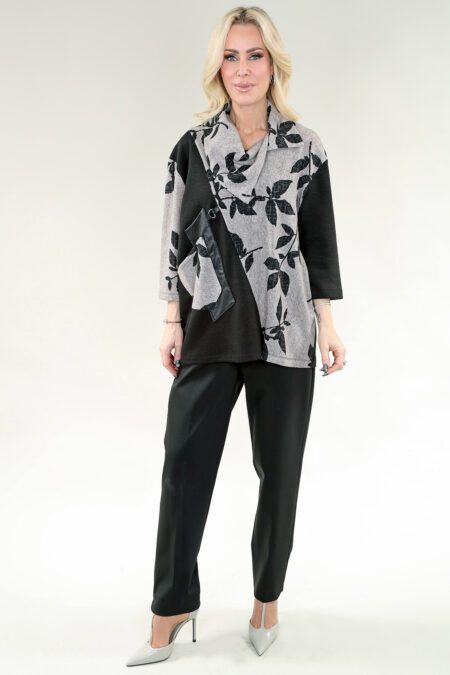 Long Sleeve Top Cowl Neck in A/S Oatmeal black leaf Top Printed Sweater Knit