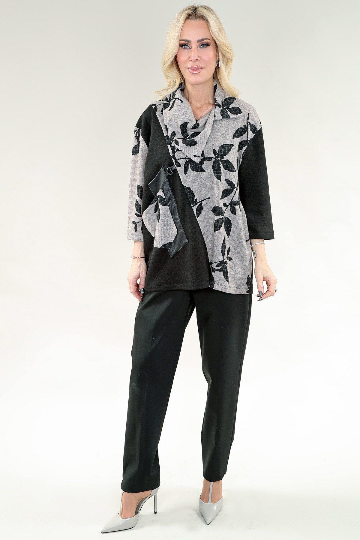 Haut à manches longues col bénitier – Imprimé Maille Tricot, Oatmeal Noir Leaf