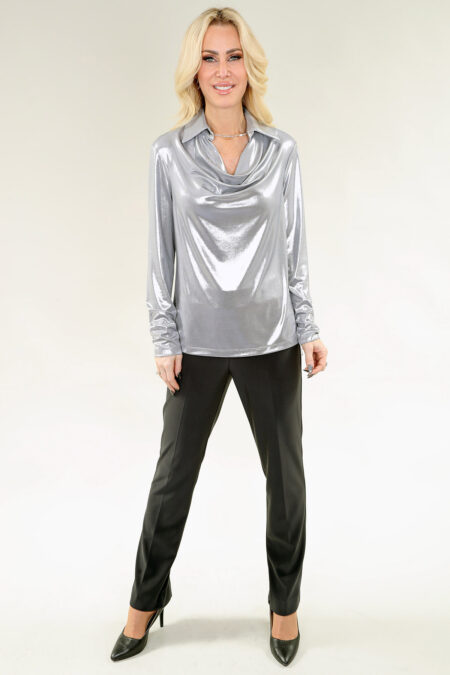 Long Sleeve Top Cowl Neck in Silver or Bronze Top Laminated Jersey